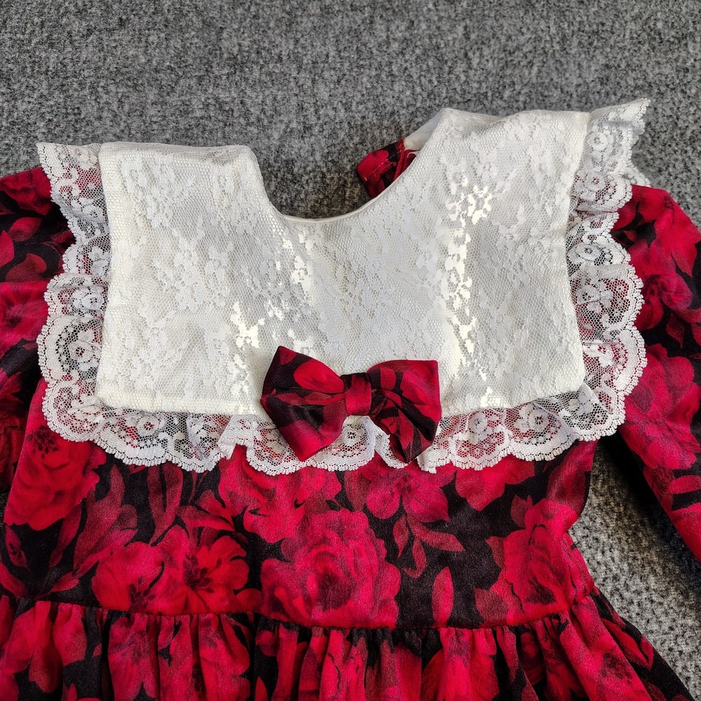 Vintage Girls Red Floral Lace Dress Long Sleeve  Velvet size 6 - Picture 2 of 5